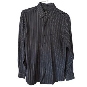 J. Ferrar Men's Shirt Medium 15-15 1/2 Black Silver Striped 100% Cotton Classy